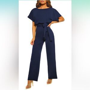 NEW Navy Wide Leg Jumpsuit Casual Belted Long Jumpsuit NO BELT L